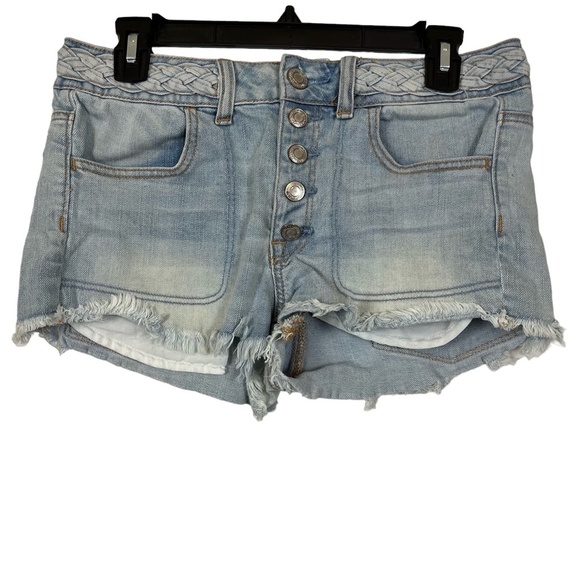 AMERICAN EAGLE OUTFITTERS Hi Rise SHORTIE Button Fly Distressed Jean Shorts sz 6 - Picture 2 of 15